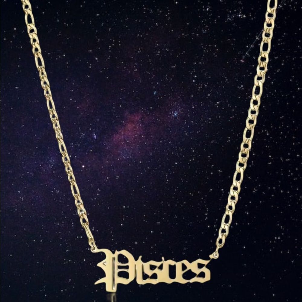 🐟 14k Gold 18” Figaro Zodiac Pisces Name Plate Necklace.(All 12signs available)